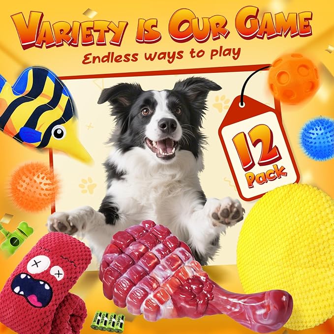 KIPRITII 12-Pack Large Dog Chew Toys for Aggressive Chewers - Includes Indestructible Chew Bone, Interactive Tug Toys, Squeaky Toys, Great for Medium & Large Breeds Dog-Mewly Pet