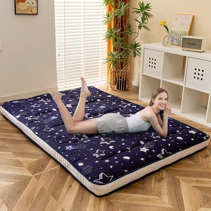 MAXYOYO Futon Mattress, Navy Star Japanese Floor Mattress Portable Quilted Bed Mattress, Extra Thick Folding Sleeping Pad Breathable Floor Lounger Guest Bed for Camping Couch, Full