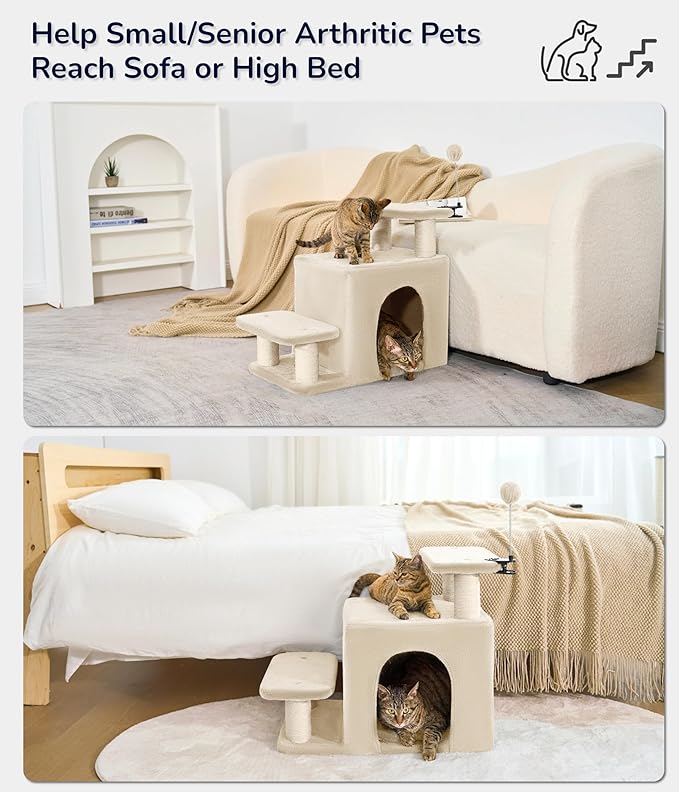 Happi N Pets Dog Stairs with Cat Scratching Post & Large Condo, Stable Pet Steps for High Beds Couch, 3 Combinations Cat Ramp Tree Tower for Cats or Small Dogs, Removable Cushion & Bonus Toy, Beige-Mewly Pet