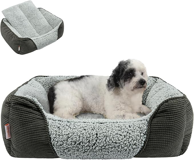 Miguel Washable Dog Bed with Removable Cushion for Medium Small Dogs, Easy to Wash Pet Sofa Bed with Side, Rectangle Bolster Cat Bed Calming Cuddle Puppy Bed with Anti-Slip Bottom, Gray 25 Inch-Mewly Pet