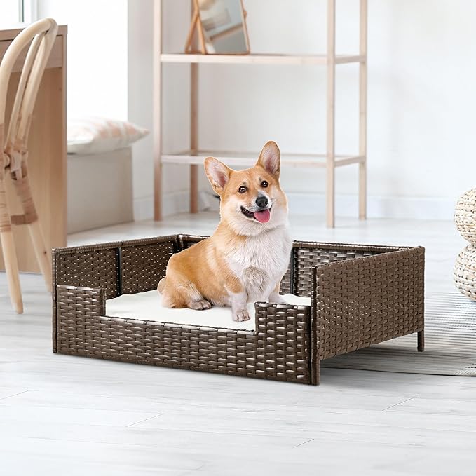 YITAHOME Rattan Dog Sofa Bed with Cushion,Wicker Pet Bed Sofa Couch Indoor Outdoor Water Unaffected for Large Medium Small Dogs Cats (24.8''L*19.7''W*9.8'',Beige)-Mewly Pet