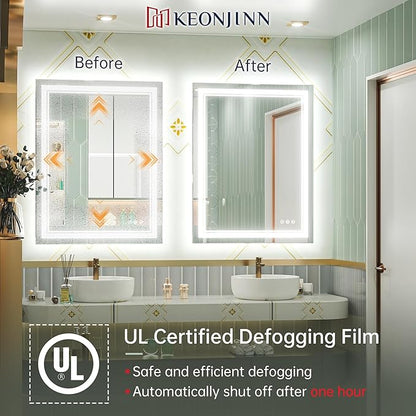 Keonjinn LED Bathroom Mirror with Light, 28x36 in Frontlit and Backlit, Stepless 3 Colors Temperature & Dimmable Wall Mirror, UL Listed LED Driver, Double LED Strips, Tempered Glass LED Vanity Mirror