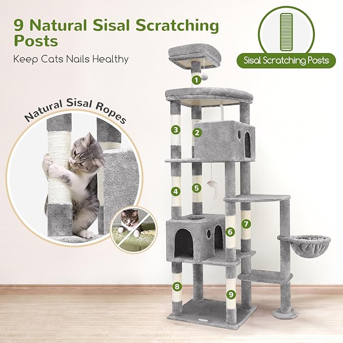 Globlazer Giant Cat Tree, 83 inch Cat Tree for Indoor Cats Large Adult, XXL Cat Tower with 9 Scratching Posts for 20lb+ Heavy Duty Large Adult Cats, F83, Light Grey-Mewly Pet