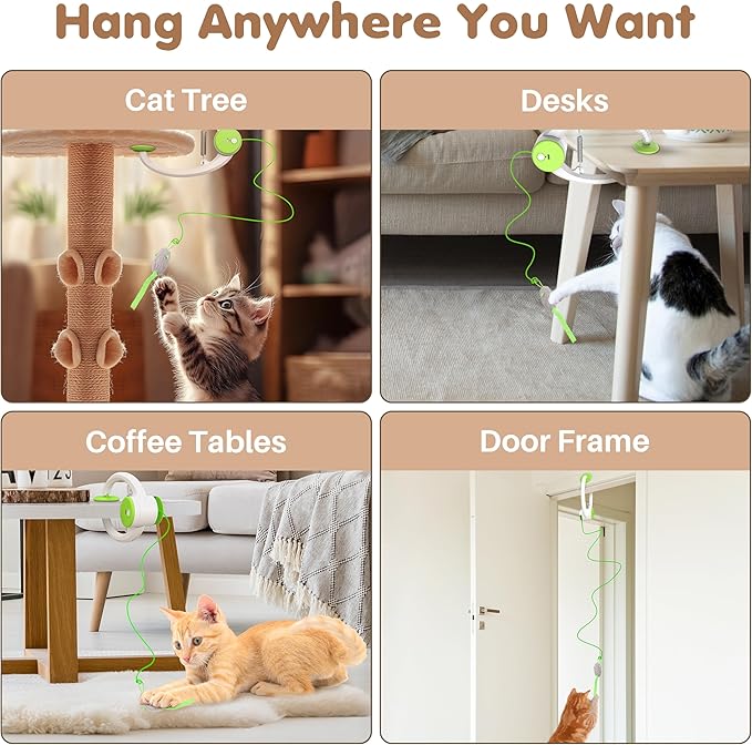 Interactive Cat Toys Rechargeable, Feather Toy for Indoor Cat, Hanging Retractable Teaser Toy, Automatic Kitten Play Chase Exercise Toys with Three Plush Mouse, USB Powered (Green)-Mewly Pet