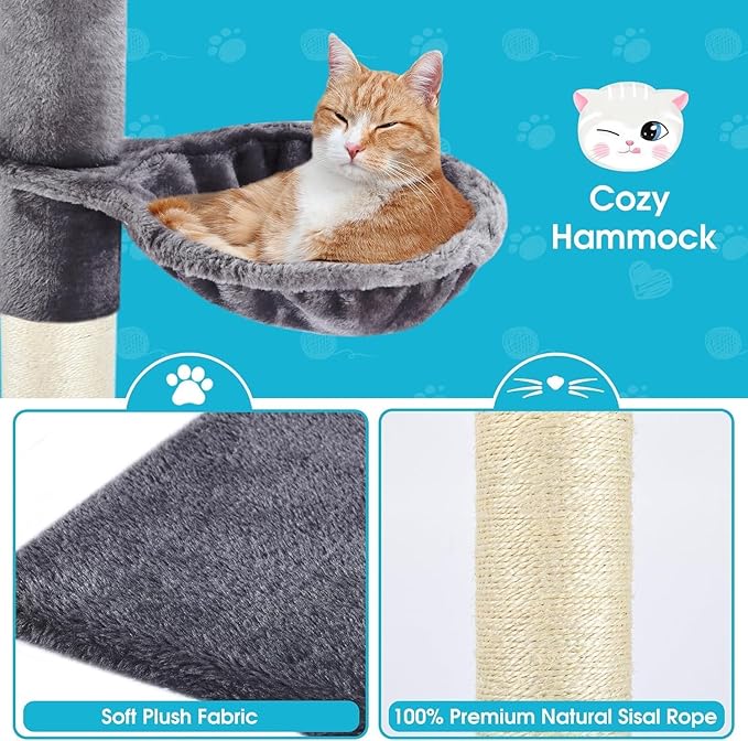 Cat Tree 5-Tier Floor to Ceiling, 89-109 Inch Adjustable Height Cat Tower with Cozy Hammock, Cat Climbing Tree for Indoor Cats, Darkgrey-Mewly Pet