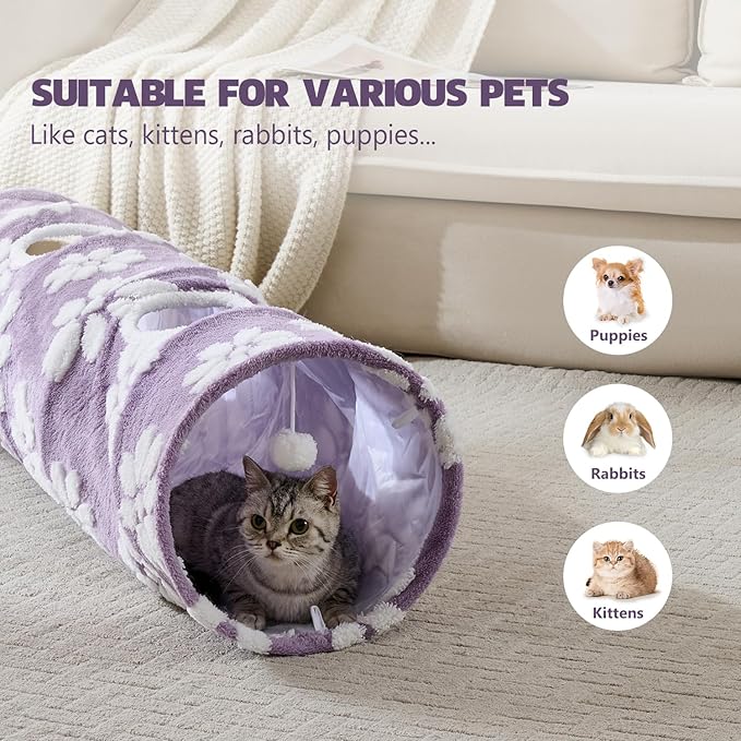 Straight Cat Tunnel for Indoor Cats 47"x12", Cute Cat Toys Collapsible Tunnel Tube with Balls for Puppy Kitten Rabbit, Purple Flower-Mewly Pet