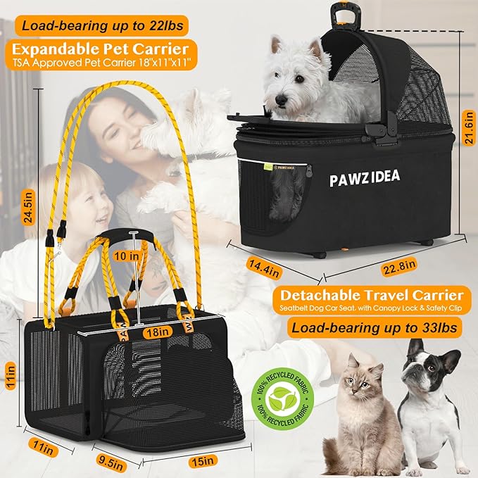 PAWZIDEA Double Pet Stroller with 2 Detachable Carriers, Portable Dog Crate for Car Travel & TSA-Approved Expandable Cat Carrier, Foldable Lightweight Jogger Stroller for 2–4 Cats or Small/Medium Dogs-Mewly Pet