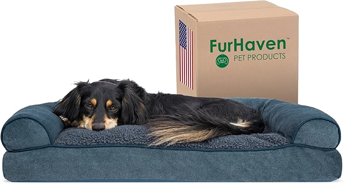 Furhaven Pillow Dog Bed for Medium/Small Dogs w/ Removable Bolsters & Washable Cover - Sherpa & Chenille Sofa - Orion Blue, Medium-Mewly Pet