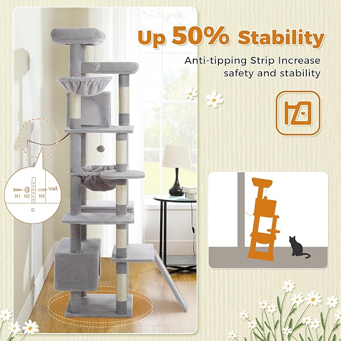 81 Inches Tall Cat Tree for Indoor Cats Large Adult - Heavy Duty Multi-Level Cat Tower with Large Metal Frame Hammock, Scratching Pad, 2 Top Perches, 2 Cozy Condos & 6 Scratching Posts - Gray-Mewly Pet