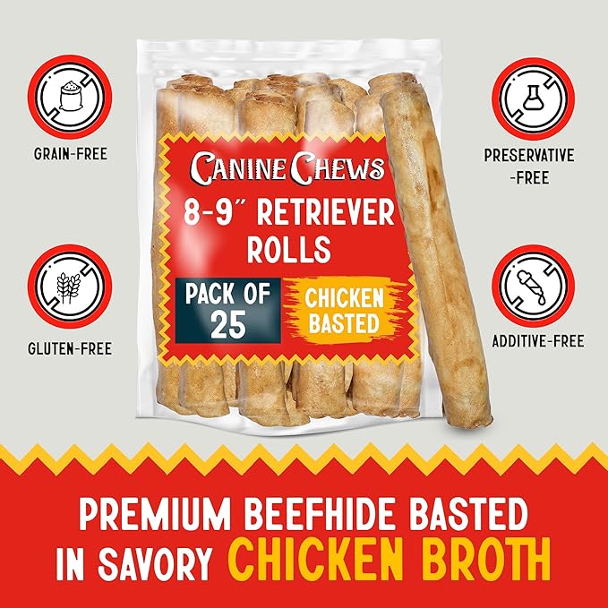 Canine Chews 8-9" Chicken Basted Dog Rawhide Retriever Rolls (25 Pack) - USA-Sourced Chicken Basted Dog Chews - Healthy Dental Chews-Mewly Pet