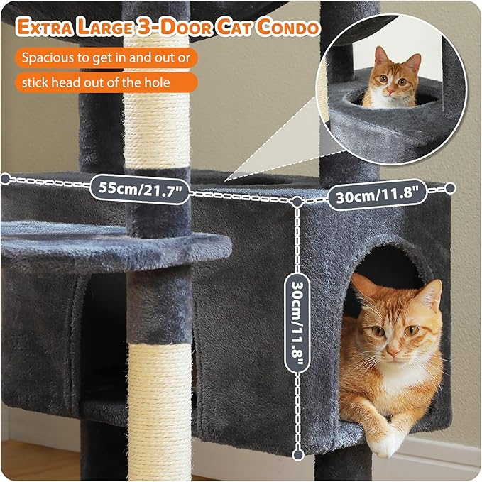 PAWZ Road Heavy Duty Cat Tree for Large Cats, 81 Inches Tall Cat Tower with 2 Perches, 2 Condos and Spacious Hammock, XL Extra Large Condo with 7 Scratching Posts for 20lb+ Adult Cats, Dark Gray-Mewly Pet