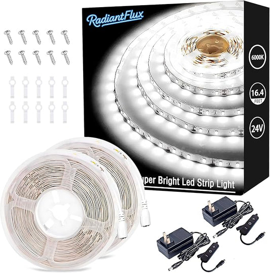 RadiantFlux LED Strip Lights,2 Set of 16.4ft 24V LED Lights,White LED Strip Lights,Super Bright LED 6000K,Light for Bedroom,Luces Led para Cuarto,Strips Lights for Livingroom