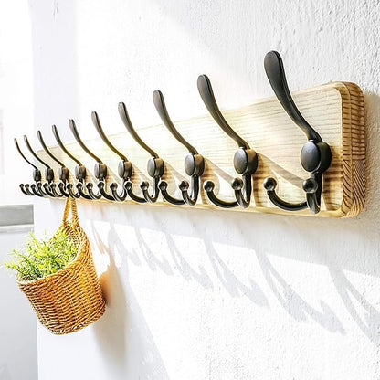 Dseap Coat Rack Wall - Heavy-Duty 38-1/4" Long, with Reinforced 10 Custom Tri-Hooks, Solid Wood Wall Hanger for Coats Hat Jackets - Rustic Farmhouse Entryway Storage, Light Brown & Black, Pack of 2
