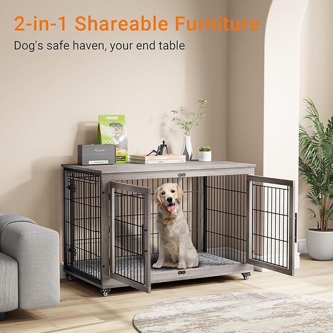 Lulive Dog Crate Furniture, XL Wooden Dog Kennel Indoor Double Doors Dog Cage, 44'' Heavy Duty Dog Crate with Cushion & Wheels, Decorative End Table Chew-Resistant for Extra Large/Medium, Grey-Mewly Pet