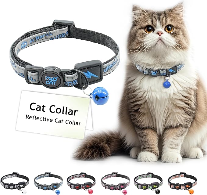 DOCO Cat Collar (Neck Girth - 3/8" x 7.5-12", Weight Upto - 13lb) Reflective Cat Collar with Bell, Breakaway Safety Buckle, Adjustable Nylon Strap for Kittens & Adult Cats (Blue)-Mewly Pet