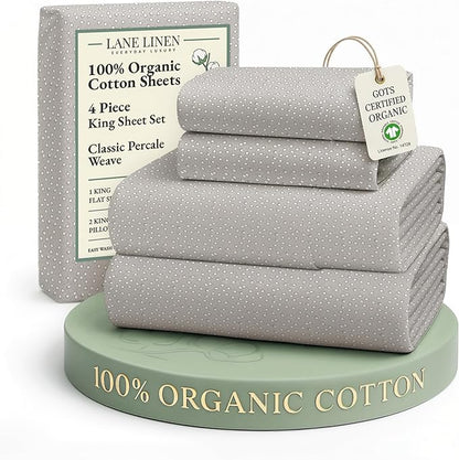 LANE LINEN 100% Organic Cotton Sheets King Size, Low Pilling Fade Resistant Machine Washable Naturally Cooling King Bedding Set, Soft & Comfy Sustainably Produced Cotton Sheets - Snowdrop