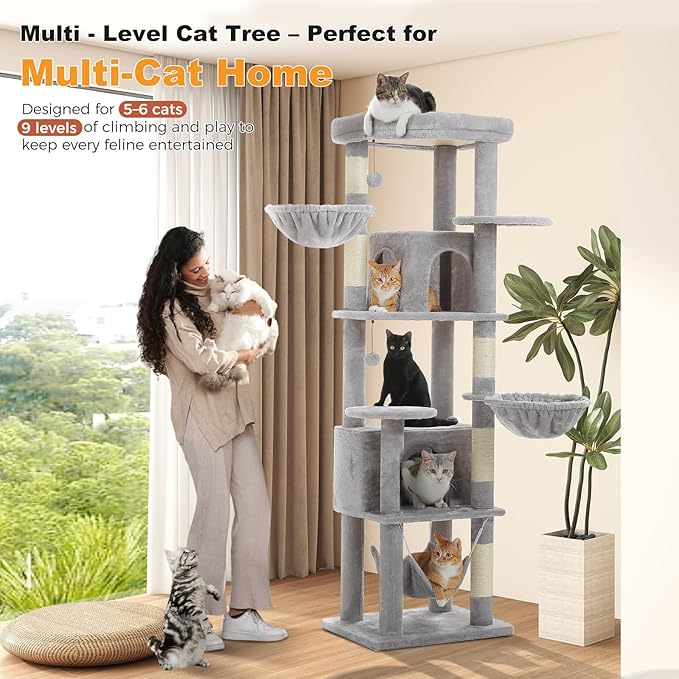 71.2" Tall Cat Tree for Indoor Cats - 9-Level Multi-Cat Tower w/5 Sisal Scratching Posts, 2 Condos, 3 Hammocks, Perch & Pom Poms - Heavy-Duty for Adult Cats, Space-Saving Plush Gray-Mewly Pet