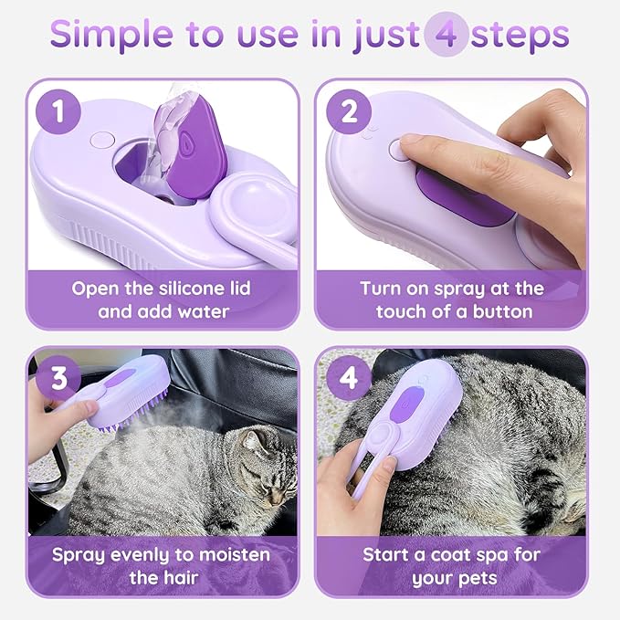 GKZ Cat Steam Brush, 3 in 1 Pet Comb for Massage, Cleaning, Shedding and Combing, Electric Mist to Prevent Flyaways for Home, Dogs and Cat Lovers - Purple-Mewly Pet