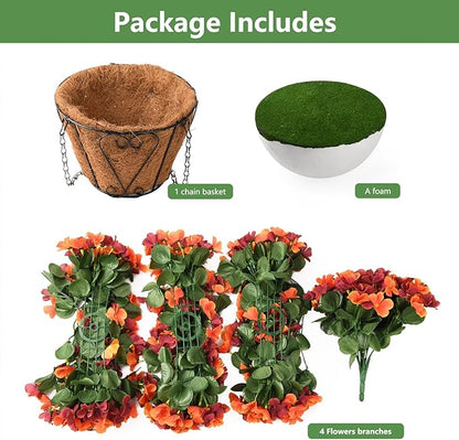 Artificial Fake Hanging Plants Flowers Basket for Fall Autumn Outdoor Decoration,Faux Silk Begonia in Planter UV Resistant Realistic for Outside Home Porch Patio Balcony Yard Decor