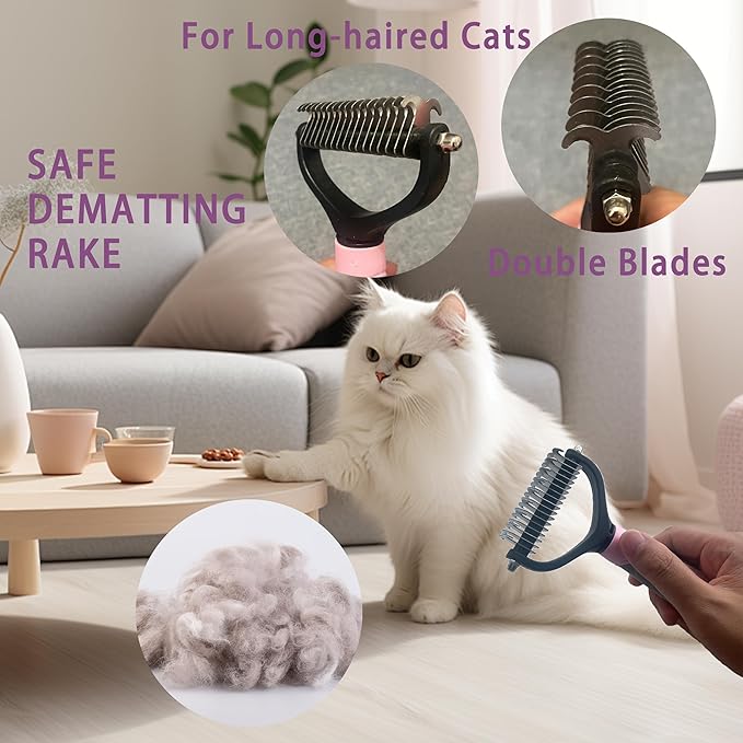 Cat Grooming Brush Kit 6 Tools - Deshedding & Dematting for Long/Short Hair, Self-Cleaning Slicker Brush with 6-in-1 Flea Comb for Cats & Kittens (Pink)-Mewly Pet