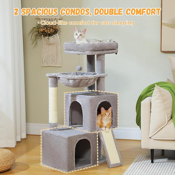 PAWZ Road Large Cat Tree, 41 Inches Multi-Level Cat Tower with 2 Spacious Condos for Indoor Cats, Large Cat House with Comfy Hammock, Padded Perch, Scratching Pad and Replaceable Balls-Gray-Mewly Pet