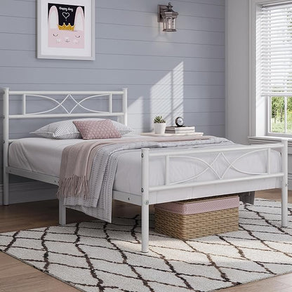 Yaheetech Metal Twin Size Bed Frame, Platform Bed Frame, Mattress Foundation with Curved Design Headboard & Footboard, NO Box Spring Needed, Heavy-Duty Support, Easy Assembly, Twin, White