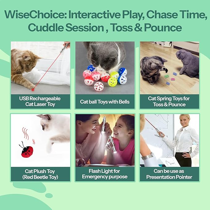 WiseChoice 15-in-1 Cat Toys, Rechargeable Dot Chase Light, Cat Spring Toy, Ball Toys with Bell and Plush Toy, Perfect for Solo or Interactive Gifts for Cats Kitten-Mewly Pet
