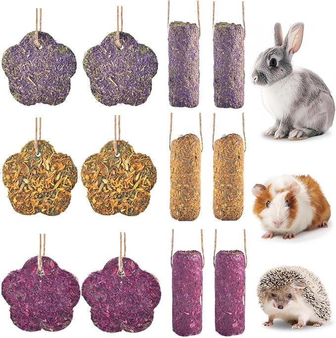 12PCS Rabbit Chew Sticks, Hanging Chew Sticks & Cakes Timothy Hay Rose Chrysanthemum Treat for Bunny Chinchilla Guinea Pig Hamster and Other Small Pets Molar Snack Toy-Mewly Pet
