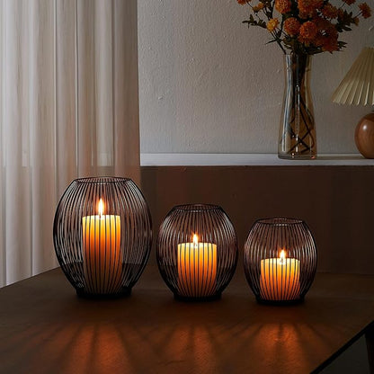 OLEEK Small Outdoor Candle Holders for Patio - Pillar Candle Holder - Black Wire Candle Holder for Table Centerpiece - Iron Lantern Decorative Candles - Farmhouse Decor Fireplace Metal Candle Holders