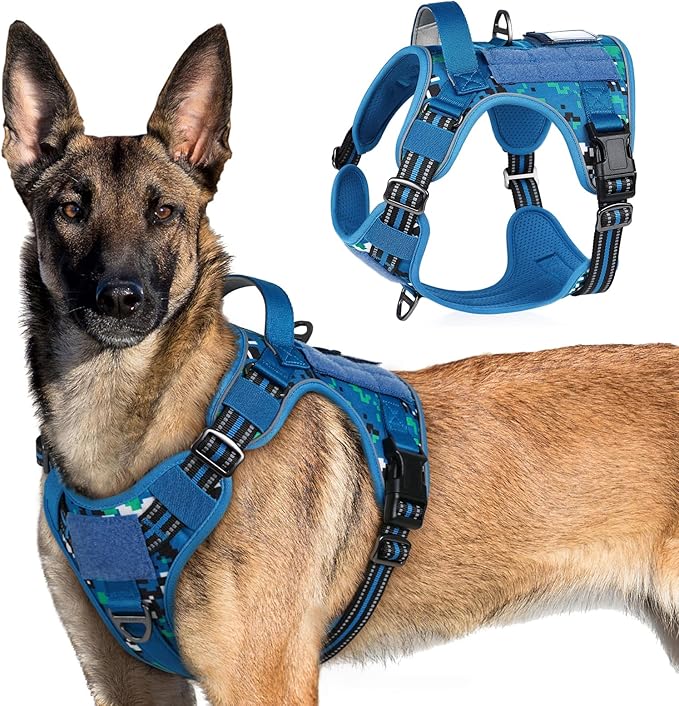 rabbitgoo Tactical Dog Harness for Large Dogs, No Pull Military Service Vest with Handle & Molle, Easy Control for Training Walking, Adjustable Reflective Straps, Blue Camo, XL-Mewly Pet