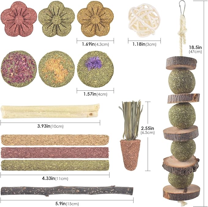 ERKOON Bunny Toys Boredom, 42 PCS Bunnies Timothy Hay Sticks Carrots Rose Grass Cake Dental Care, Molar, Chinchillas Toy Chew Toy, Guinea Pigs, Hamsters, Chinchilla, Rabbit Chew Toys for Teeth-Mewly Pet