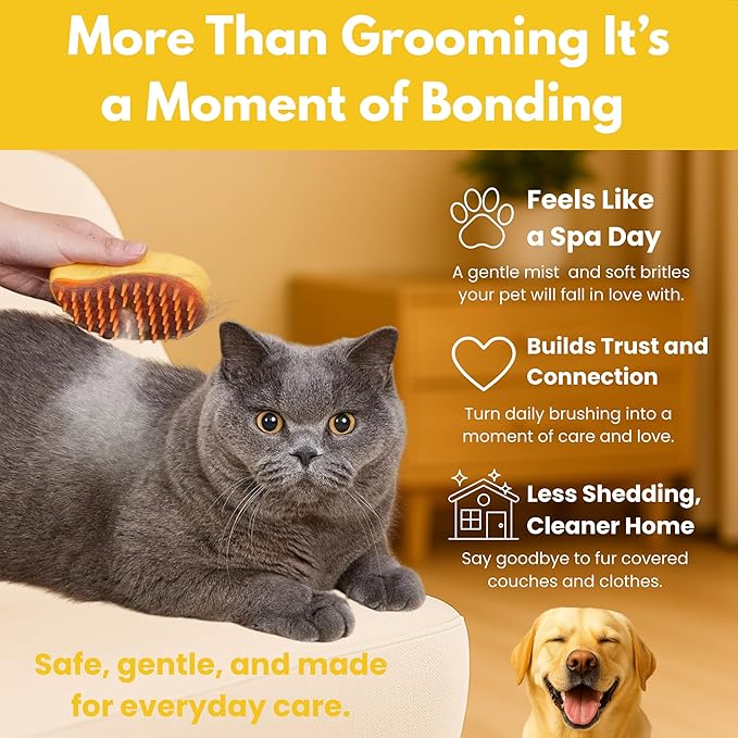 Steam Cat Brush for Indoor Cats – Mist Spray Comb for Shedding & Hair Removal | Silicone Pet Grooming Tool for Long-Haired Cats & Dogs-Mewly Pet