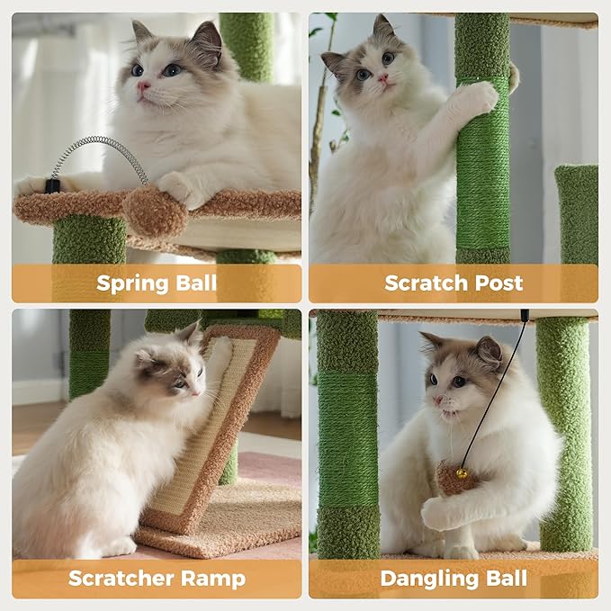 Floor to Ceiling Cat Tree Tall Cat Tower with Adjustable Height (81.8-108 Inches) with Fully Scratching Post Private Condo and Hammock for Indoor Cats (Green, Triple Dule Posts)-Mewly Pet