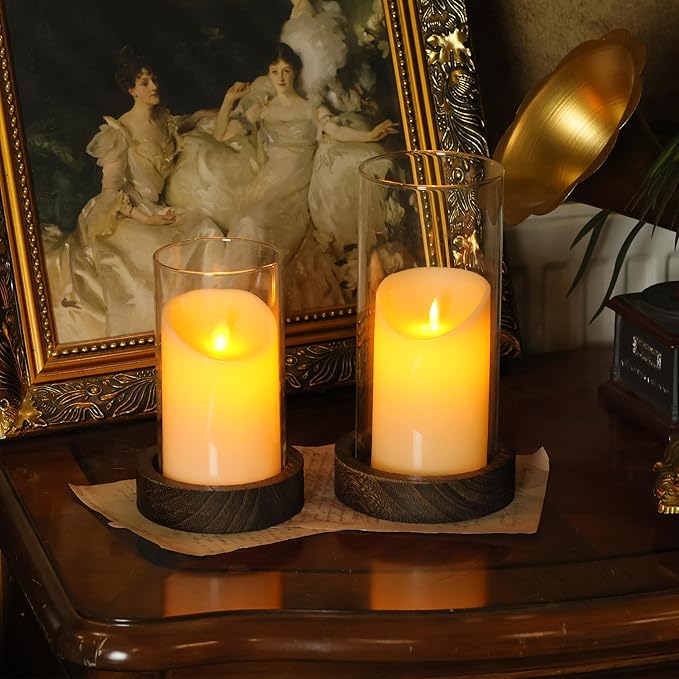Set of 2 Hurricane Candle Holders with Wood Base & Glass Cylinder (4.2x5.9” & 4.6x7.8”) – Rustic Wooden Candle Holders for Home Decor, Weddings, Table Centerpieces
