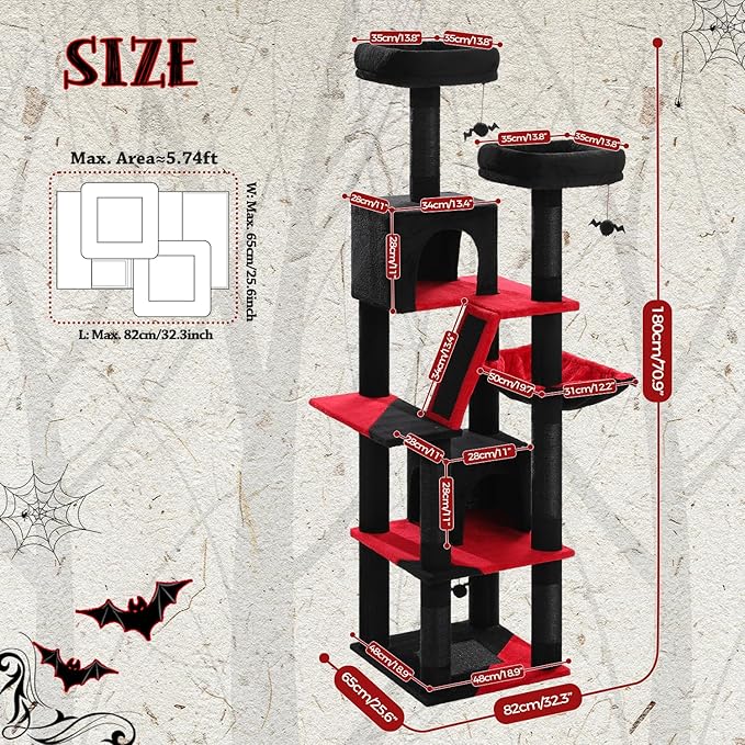 PAWZ Road 70 Inch Cat Tower, Gothic Cat Tree with 2 Cozy Condos, 2 Plush Perch, Large Basket, 2 Scraching Pad & 6 Scraching Posts for Indoor Cats Large Adult-Mewly Pet