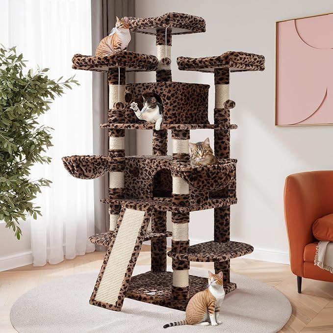SHA CERLIN 68 Inches Multi-Level Large Cat Tree for Large Kitties/Big Cat Tower with Condo/Cozy Plush ‌Pussycat Perches/Sisal Scratching Posts and Hammocks/Activity Center/Leopard Print-Mewly Pet