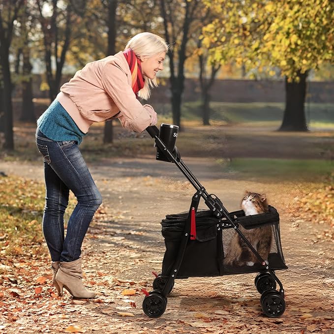 Foldable Pet Stroller for Small/Medium Pets up to 22 lbs - Lightweight 4-Wheel Design with Sun Canopy, Storage Bag & Breathable Mesh-Mewly Pet