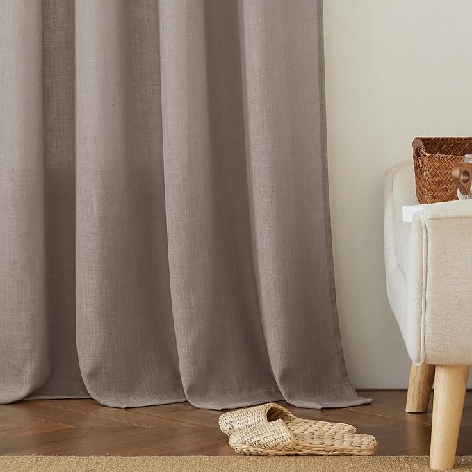 RYB HOME Extra Long Sheer Curtains - Linen Textured Privacy Semi Shears for Sliding Glass Door Hotel High Ceiling Window Living Room, Birch Brown, W 52 x L 108 inches Long, 1 Pair