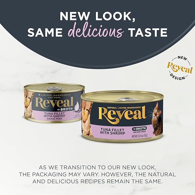 Reveal Natural Wet Cat Food, 24 Count, Grain Free, Limited Ingredient Canned Food for Cats, Tuna Fillet with Shrimp in Broth, 2.47 oz Cans-Mewly Pet