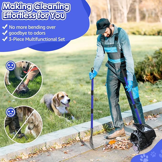 SlowTon Dog Pooper Scooper - 37.4" Long Handle Adjustable Metal Swivel Bin & Rake & Spade Kit with 20 Waste Bags, Portable Pooper Scooper for Gravel Lawn Grass, Suit for Small Medium Large Dog-Mewly Pet