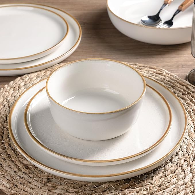 GBHOME Ceramic Dinnerware Sets for 4, 12 Pieces Stoneware Plates and Bowls Sets, Scratch Resistant Dishes, Dishwasher & Microwave Safe, Reactive Glaze-White-Mewly Pet