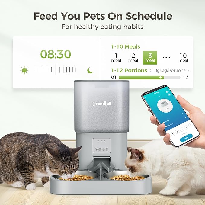 WiFi Automatic Cat Feeder with App - 6L Elevated Smart Food Dispenser for 2 Pets, Programmable 1-10 Meals, 2 Stainless Bowls & Dual Power-Mewly Pet