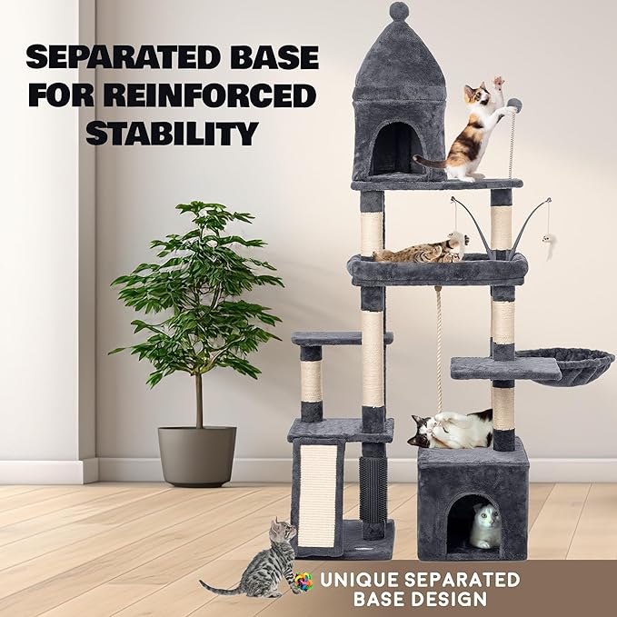 Large Cat Tree Tower for Large Cats, Cat Scratching Post, Self Grooming Post, Interactive Cat Toys, Oversized Perch and Basket, Heavy Duty 72", Dark Grey-Mewly Pet