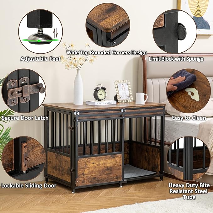 KOOPRO 40 Inch Dog Crate Furniture with Cushion for Large Medium Dogs, Wooden Heavy Duty Dog Kennel with Double Doors, Decorative Pet House Dog Cage Side End Table Indoor, Sliding Door Chew-Resistant-Mewly Pet