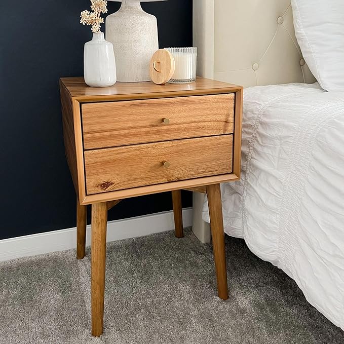 Nathan James 32704 Harper Mid-Century Oak Wood Nightstand with 2-Drawers, Small Side End Table with Storage, Brown