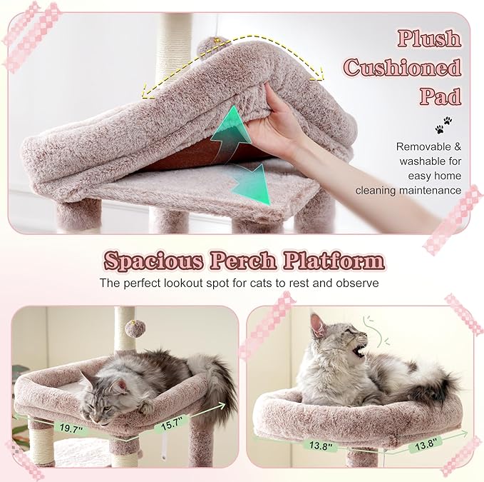 Heybly Heavy Duty Cat Tree, 71-Inch Tall Tower for Large Maine Coon with Extra-Large Baseboard, Cat Condo Furniture with Multi-Level Platforms, 2 Hammocks and 12 Scratching Posts, Muchroom HCT037MU-Mewly Pet