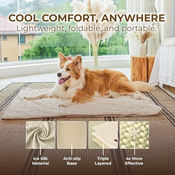 Dog Cooling Mat- Ice Silk Summer Comfort, Self Cooling, Non-Slip Dog Pad, Durable & Washable, Mat for Large Dogs 65x95 cm, Support Shelter Dogs with Every Purchase (Beige)-Mewly Pet