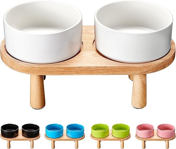 Ceramic Elevated Dog Bowls, Pet Food and Water Bowl Set for Large Dogs, 7.5 Cups Dog Bowls Raised with Wood Stand, 61OZ, White-Mewly Pet