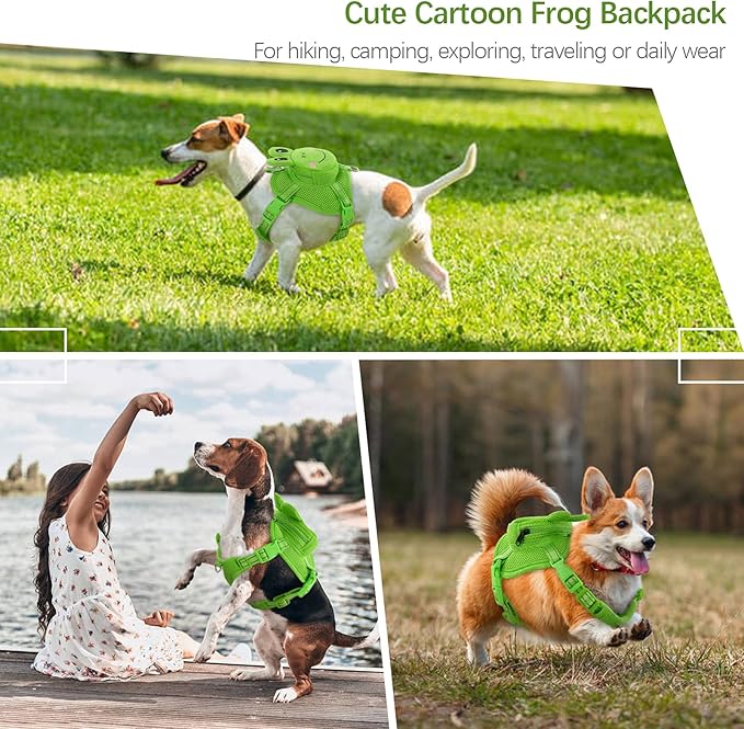 IDOMIK Dog Backpack Harness, No-Pull Dog Backpack with D-Ring for Small Medium Dogs, Cute Self Carrier Backpack for Dogs to Wear, Adjustable Dog Harness Backpack for Traveling Camping Hiking, Frog, S-Mewly Pet