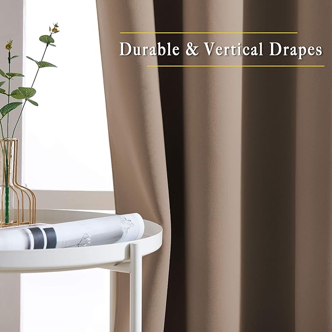 NICETOWN Insulated Blackout Curtains and Drapes - Microfiber Energy Saving Thermal Insulated Solid Grommet Blackout Draperies for Kitchen (1 Pair, 66 inches by 54 Inch, Cappuccino)